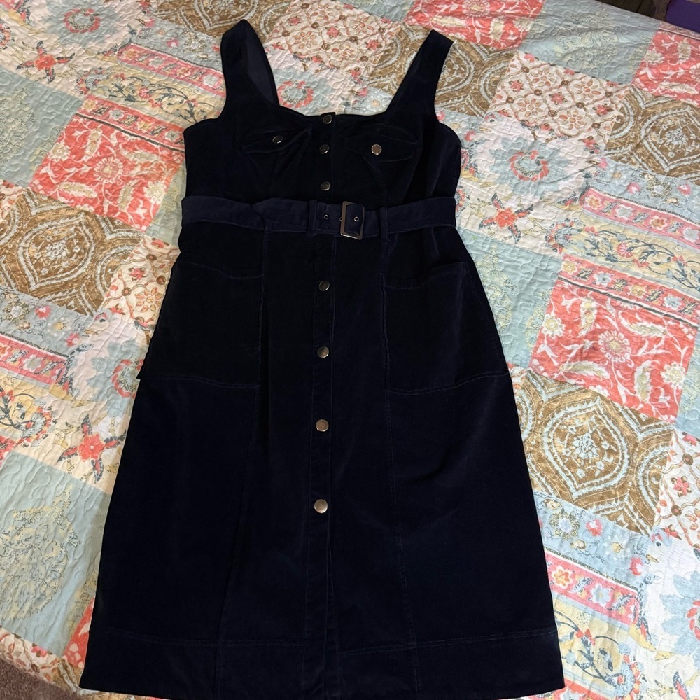 Maeve Anthropologie Corduroy Navy Blue Slim Pinafore Midi Dress size 16 W Preppy - Picture 8 of 15